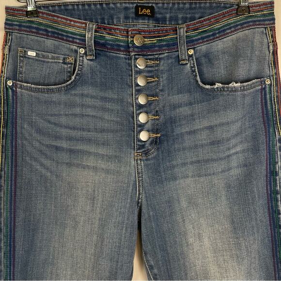 Lee Rainbow Striped Y2K Kick Flare Button Fly Blue Ankle Jeans Size 12 - Picture 5 of 9